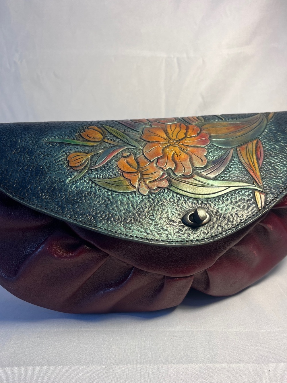 Source Unknown Hand-Tooled Floral Leather Clutch - Burgundy and Teal
